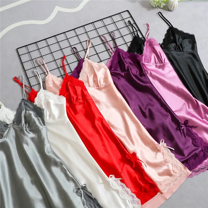 Satin Nightgown Sexy Sleepwear Lace Summer Nightdress for Women