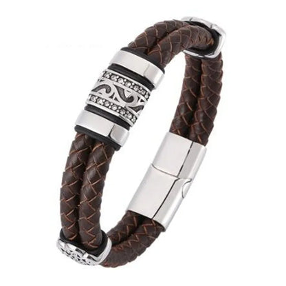 Double Layer Punk Brown Braided Leather Bracelet for Men Metal Magnetic Clasp Business Bracelet Man Jewelry Gift