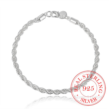 925 Sterling Silver 4mm Twist Rope Chain Bracelet for Men & Women