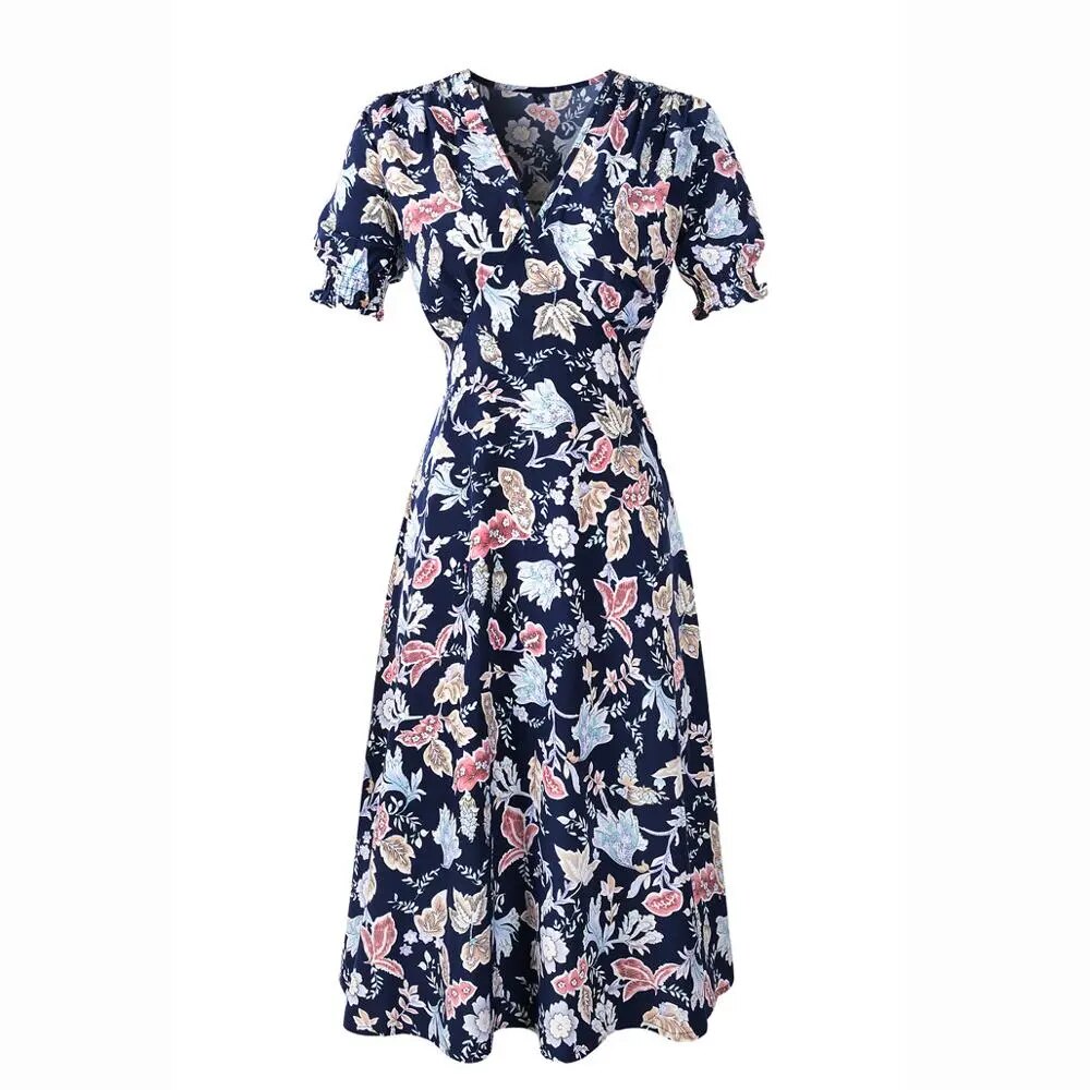 Casual Elastic Waist Boho Floral Print Vintage Beach Summer Midi Dress for Women