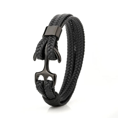 Stainless Steel Charm Anchor Men Leather Bracelet Braided Punk Jewelry