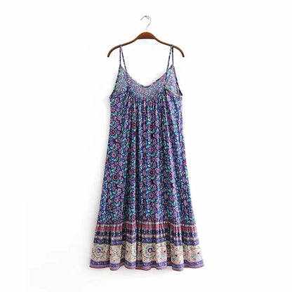 Vintage Women's Floral Print  Sleeveless Summer Beach Bohemian Strap Midi Dress