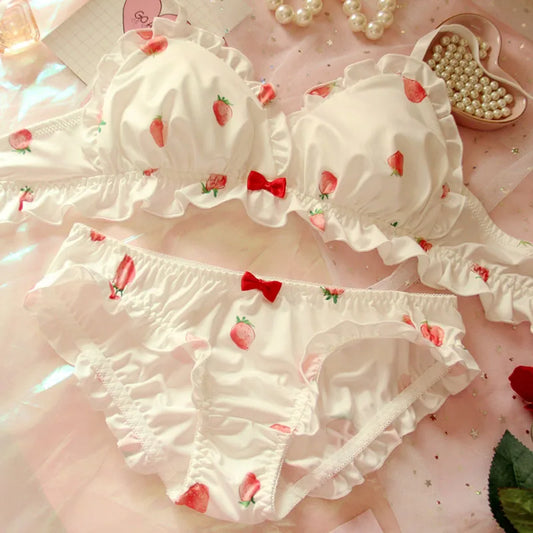 Strawberry Bra & Panties Set – Kawaii Lolita Soft Milk Silk Lingerie
