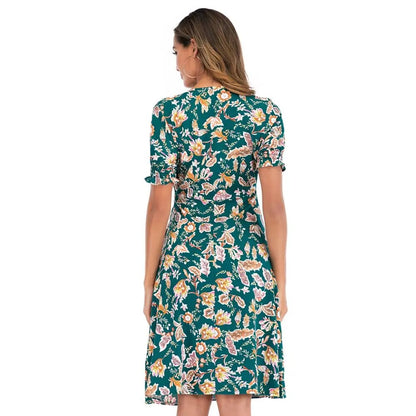 Casual Elastic Waist Boho Floral Print Vintage Beach Summer Midi Dress for Women