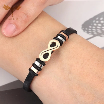 Fashion Women Charm Bracelets Infinity Style Stainless Steel & Leather Cuff Bangles