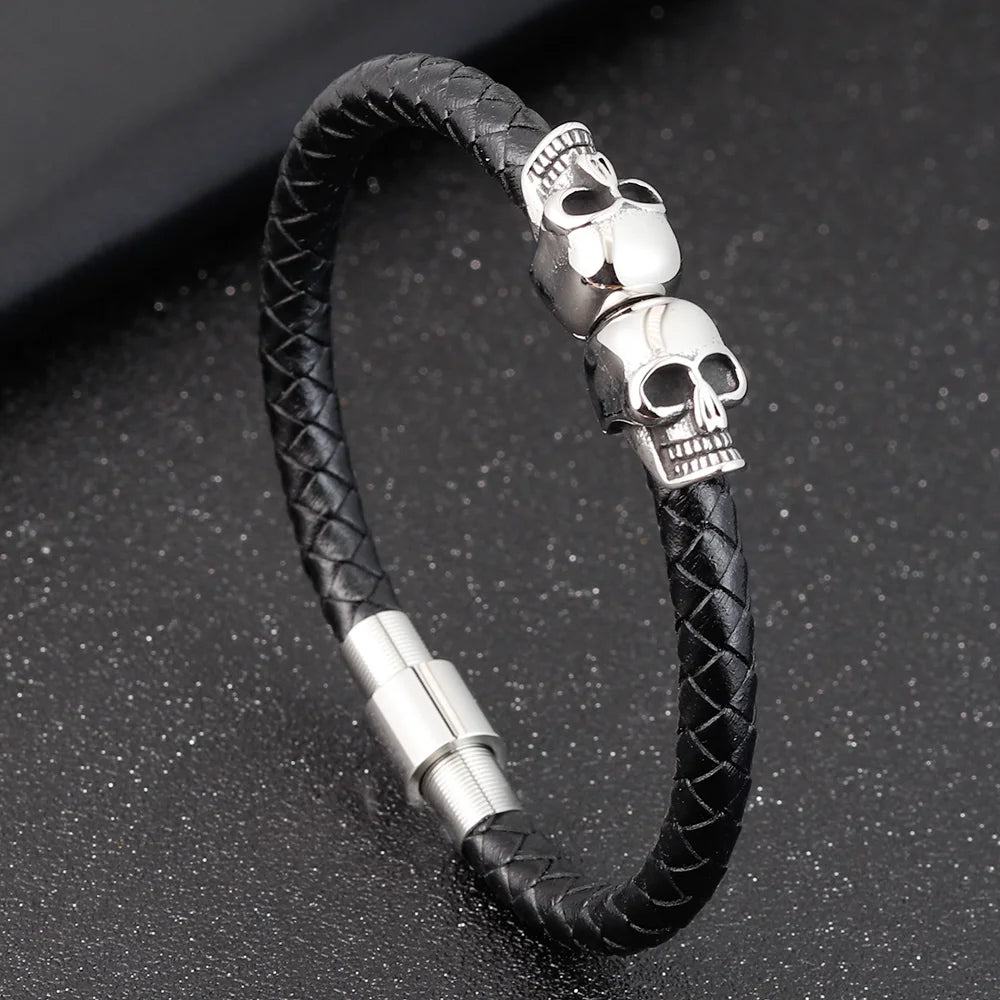 Hyperbole Men’s Black Braided Leather Bracelet with Stainless Steel and Skull Design