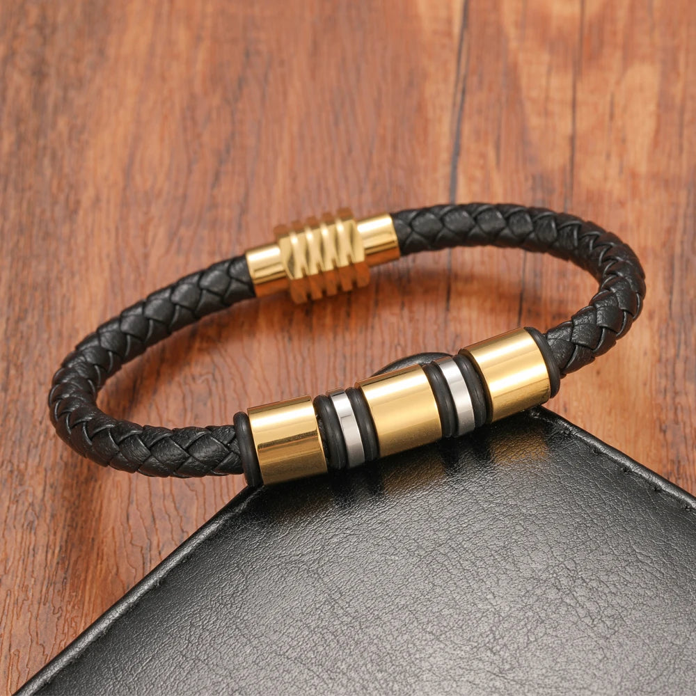 Simple Charm Braided Leather Stainless Steel Black Beaded Bracelet for Men