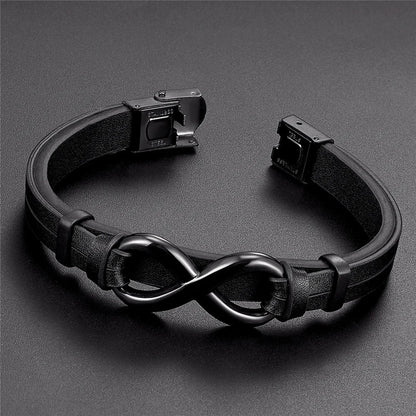 A black leather bracelet featuring a sleek infinity symbol, symbolizing eternity and connection.