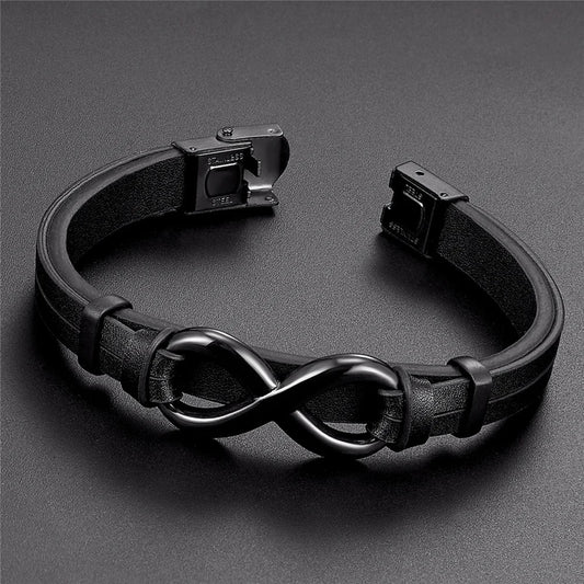 A black leather bracelet featuring a sleek infinity symbol, symbolizing eternity and connection.