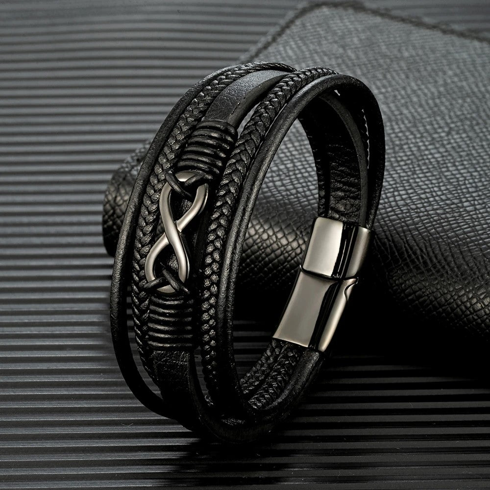 A stylish leather bracelet featuring a sleek infinity symbol, perfect for expressing timeless love and connection.