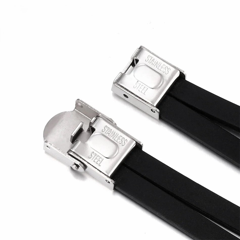  Two black leather straps featuring silver buckles, designed for the Waring Infinity bracelet.