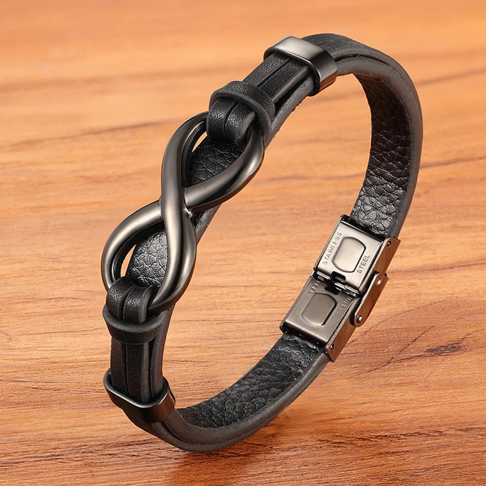 A black leather bracelet featuring a stylish infinity knot design, symbolizing eternity and connection.