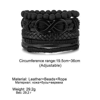 A stack of black leather bracelets featuring an elegant infinity symbol design, showcasing a stylish accessory.