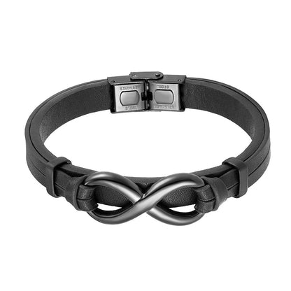 Elegant black leather bracelet adorned with an infinity symbol, representing endless possibilities and unity.