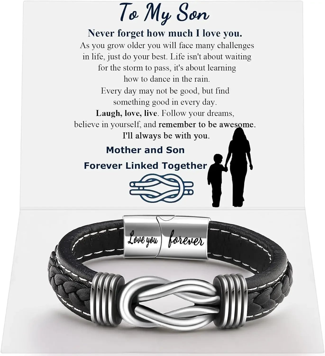 A bracelet designed for a son, featuring a heartfelt message and elegant craftsmanship, symbolizing love and connection.