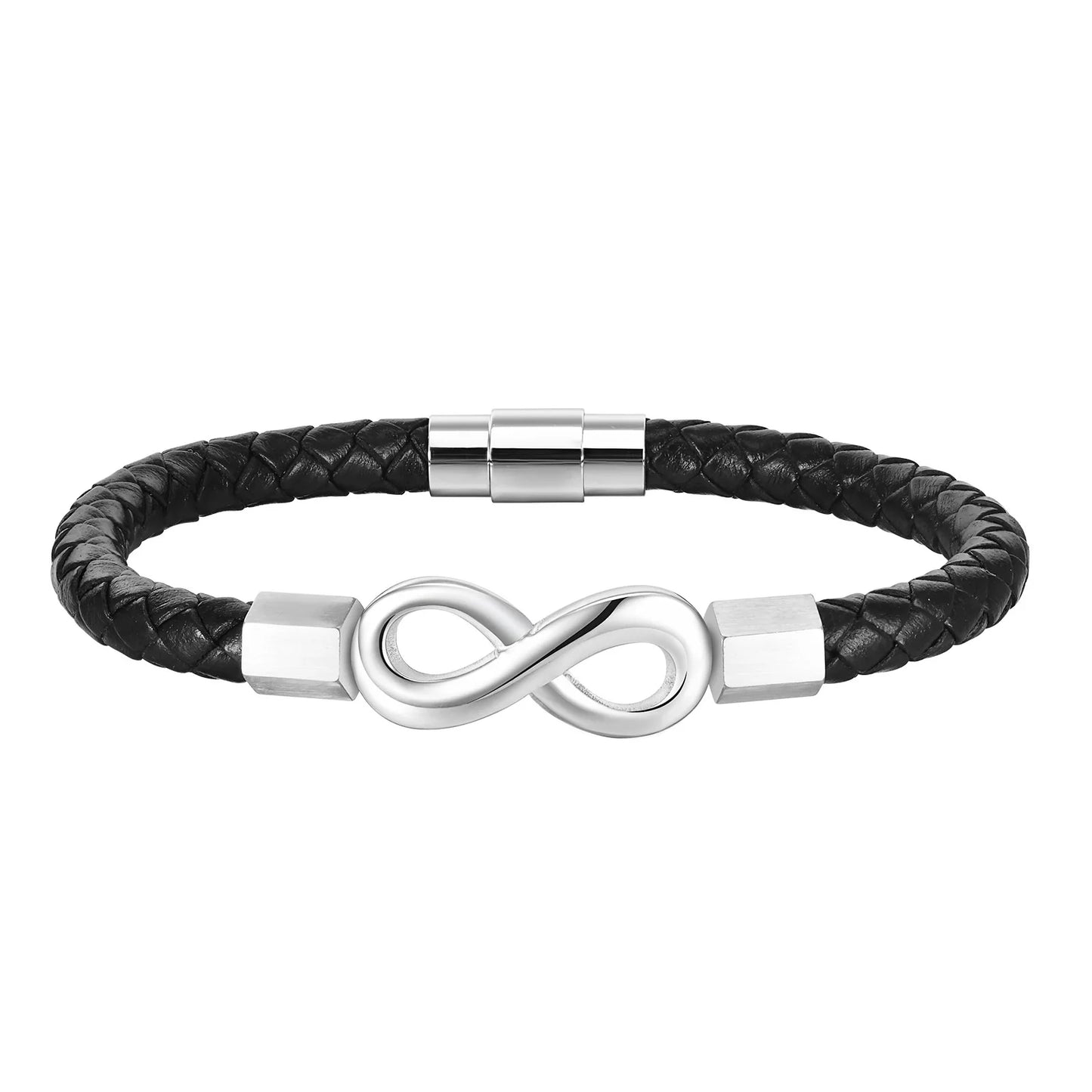 Elegant black leather bracelet adorned with an infinity symbol, representing eternal bonds and limitless possibilities.