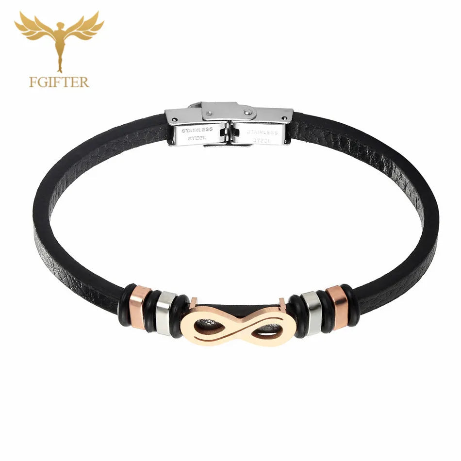 A black leather bracelet featuring a stylish rose gold clasp, showcasing a blend of elegance and modern design.