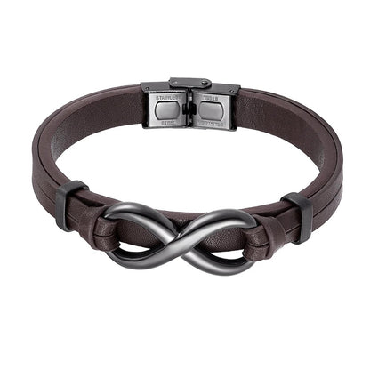  A brown leather infinity bracelet featuring a sleek black clasp, symbolizing endless connection and style.