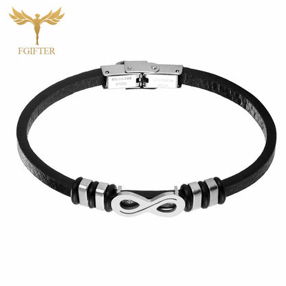 A black leather bracelet featuring a stylish silver clasp, showcasing a blend of elegance and modern design.