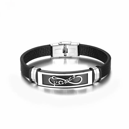  Elegant black leather infinity bracelet with a durable stainless steel clasp, perfect for any occasion.