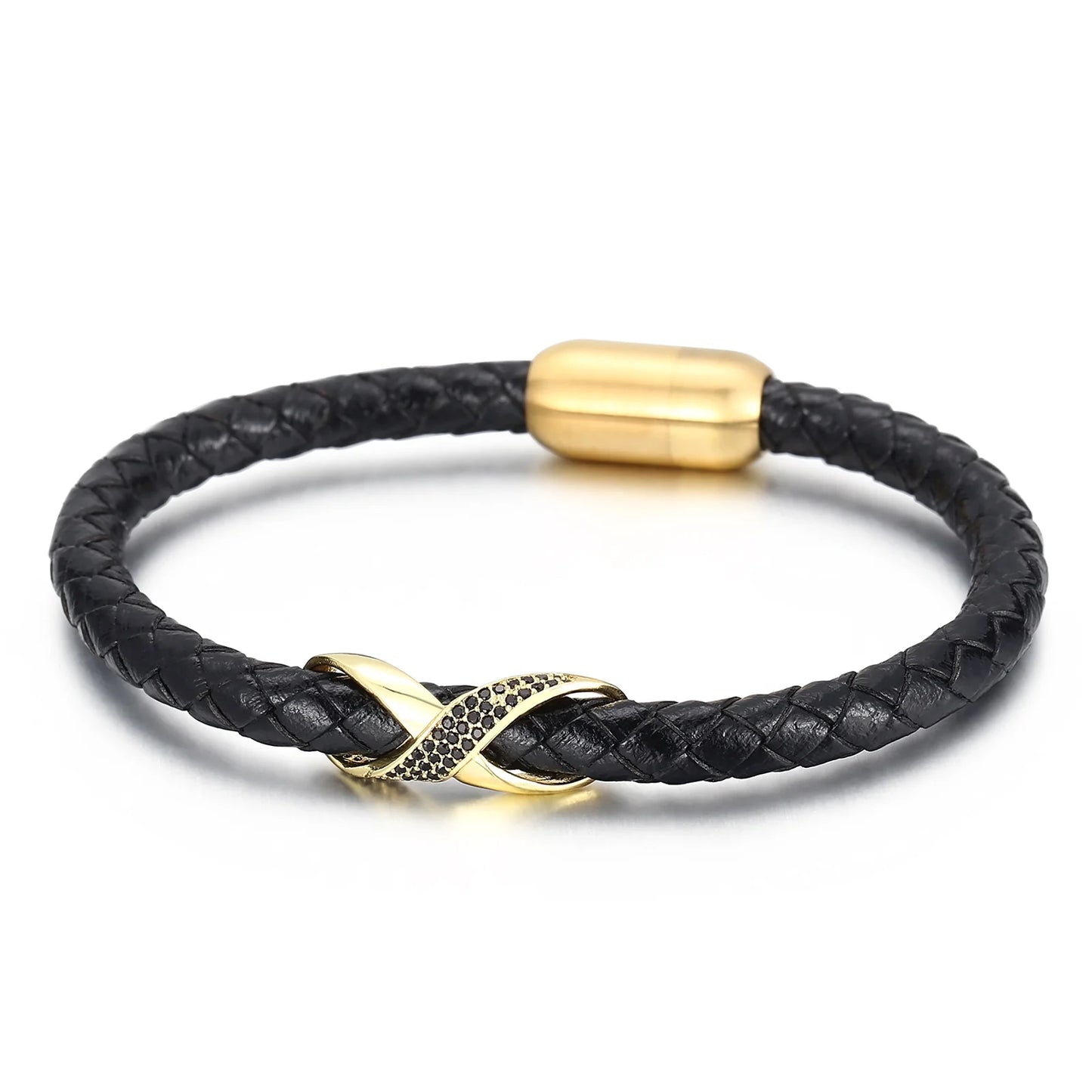 A black leather bracelet featuring a gold clasp, designed with an infinity knot motif for a stylish look