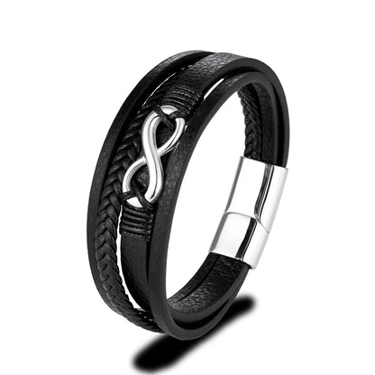 Elegant black leather bracelet adorned with an infinity knot, representing eternal bonds and timeless style.