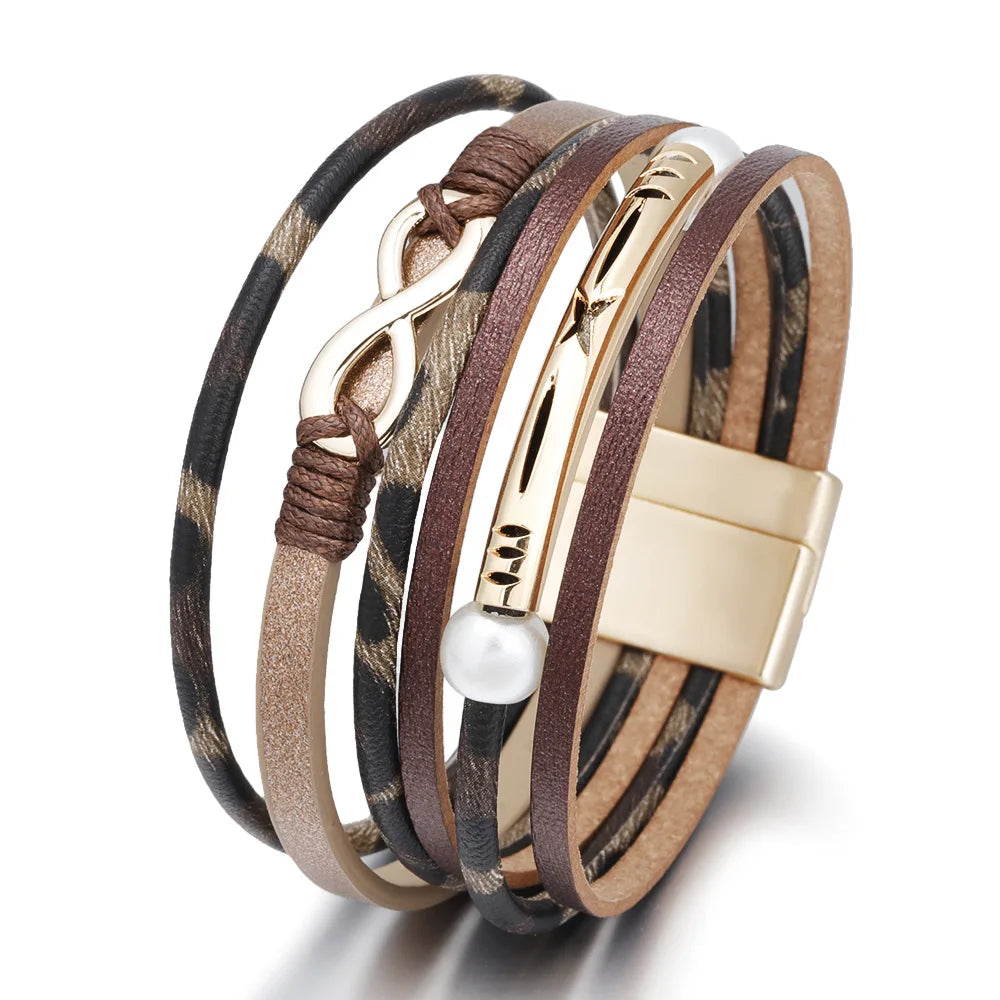 A single multi-layer leopard PU leather bracelet adorned with an infinity symbol, highlighting elegance and individuality.