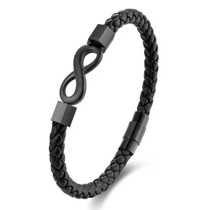 A black leather bracelet featuring a polished infinity symbol, symbolizing eternal love and connection.