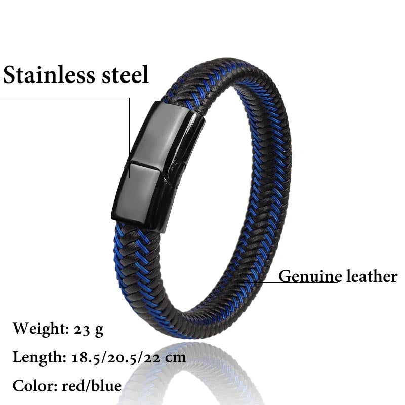 A stylish braided bracelet in blue and black, complemented by a durable black metal clasp for secure fastening.