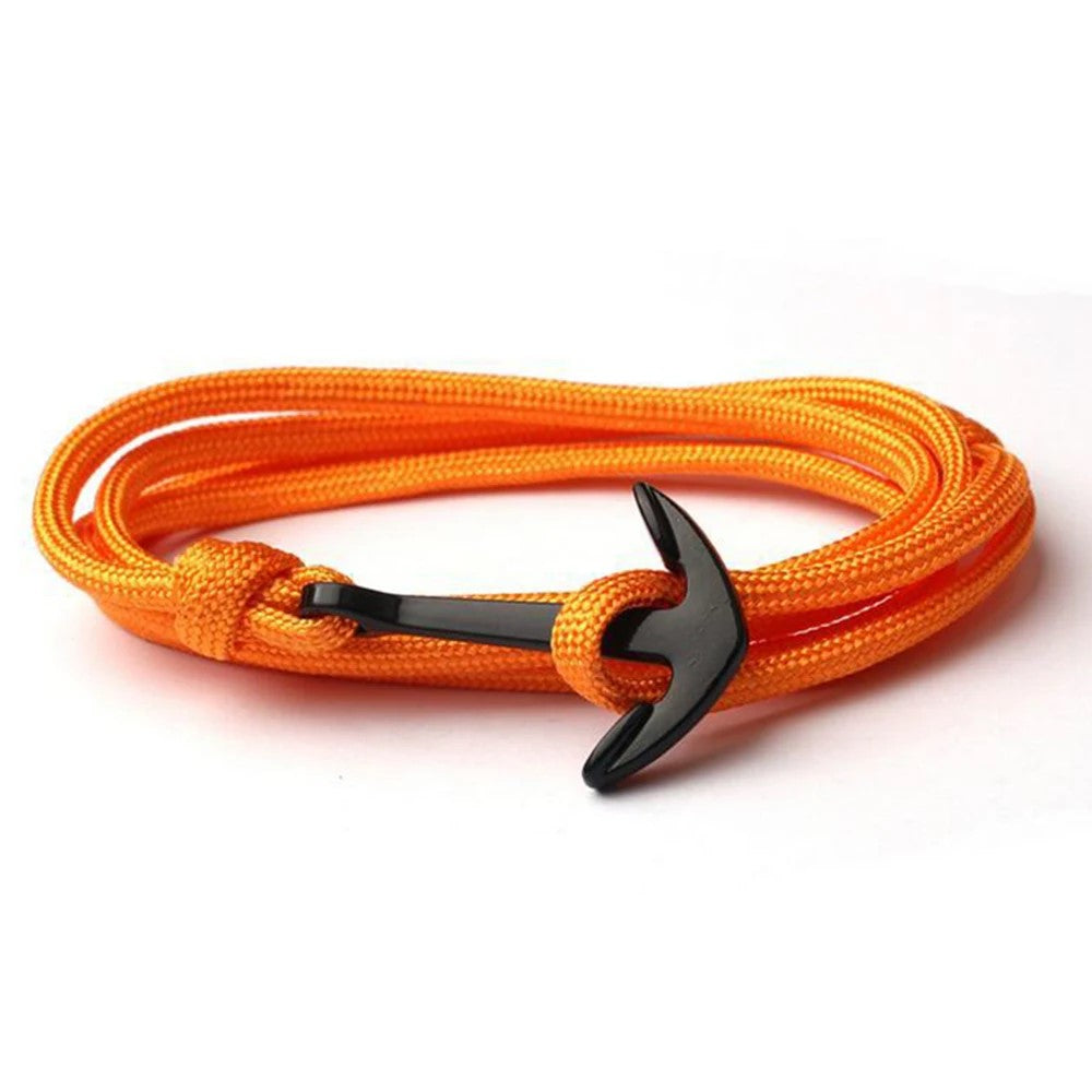 An orange rope bracelet featuring a stylish anchor charm, perfect for nautical-themed accessories.