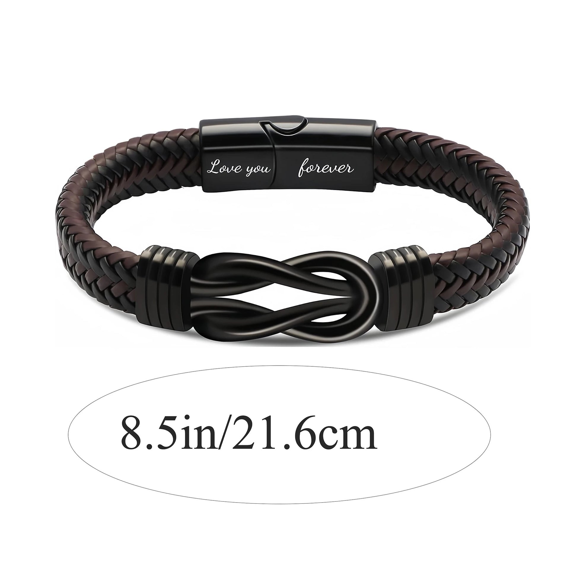 A stylish black and brown leather bracelet featuring a sleek black clasp, perfect for any casual or formal outfit.