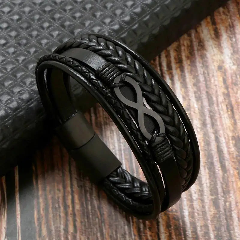 A sophisticated men's leather bracelet showcasing an infinity symbol, embodying the concept of limitless possibilities.