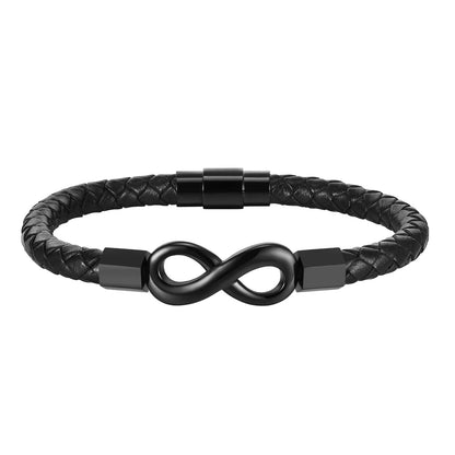 Stylish black leather bracelet with a prominent infinity symbol, embodying the concept of infinity and timelessness.