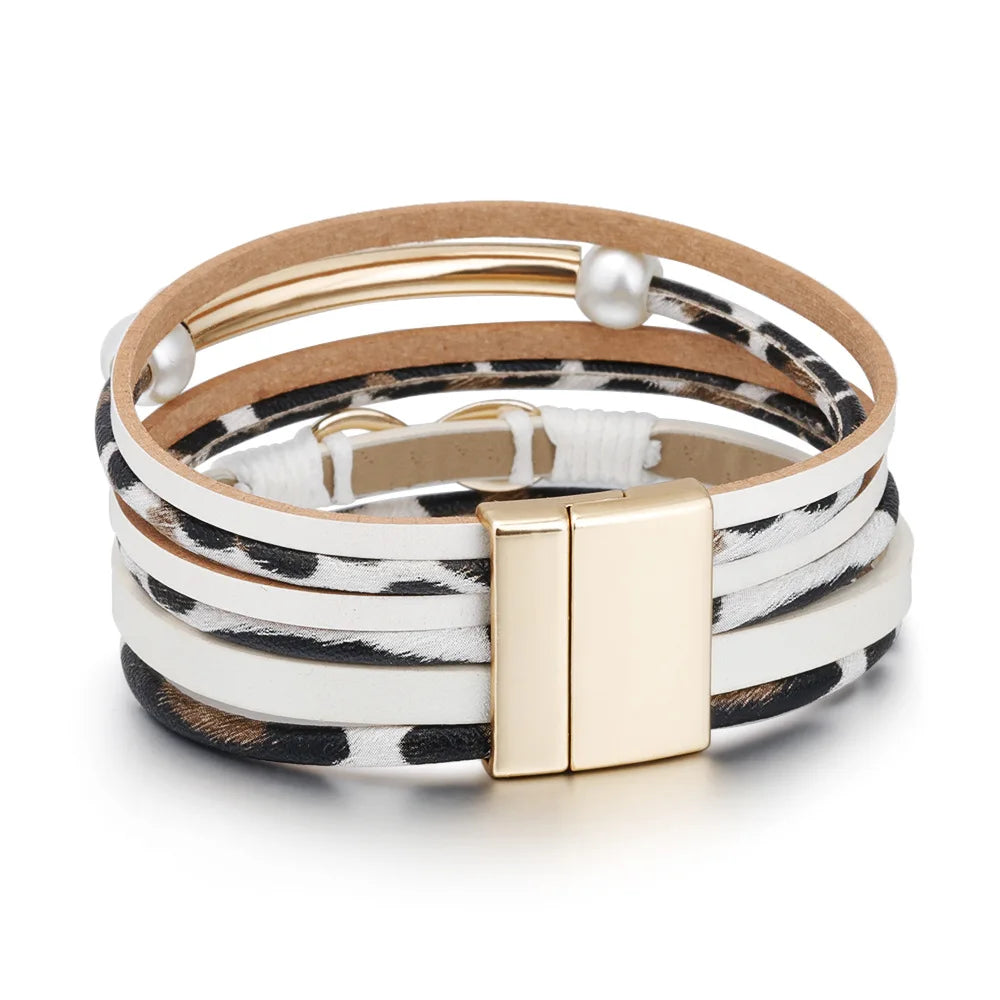 A multi-layer leopard PU leather bracelet featuring an infinity symbol, showcasing a stylish and unique design golden hook.