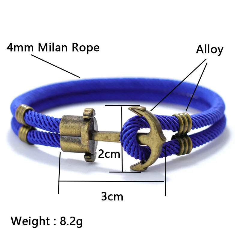 Blue rope bracelet with an anchor, showcasing detailed measurements for a perfect fit and stylish nautical design.