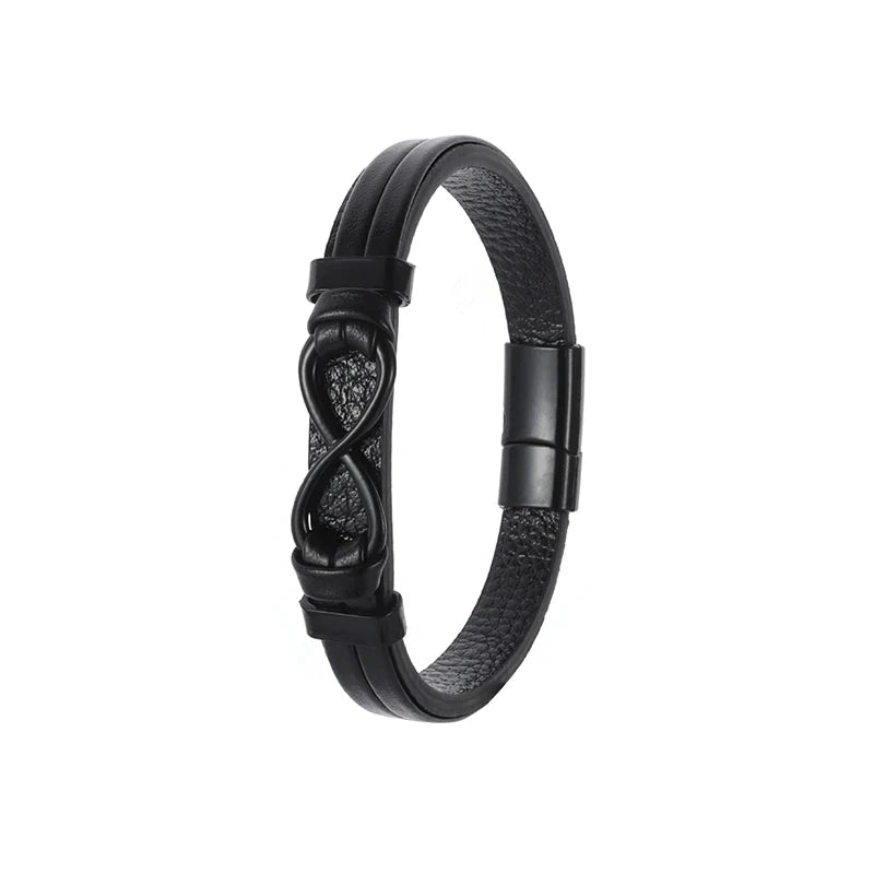 A black leather bracelet featuring a polished infinity symbol, representing eternal love and connection