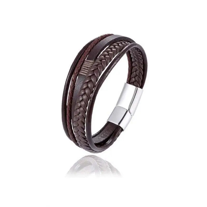 A brown leather bracelet with a braided texture, highlighting a sophisticated accessory suitable for various occasions.