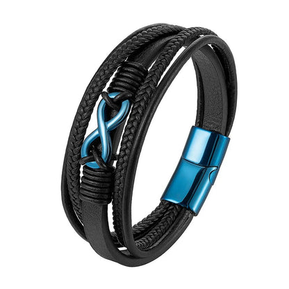  Men's leather bracelet showcasing a striking combination of blue and black leather, perfect for any casual outfit.