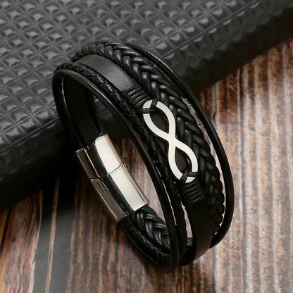 Men's leather bracelet showcasing a sleek infinity symbol, embodying the concept of infinity and lasting relationships.