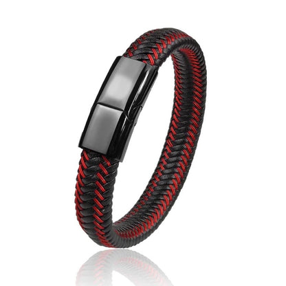 A fashionable braided leather bracelet in black and red, complemented by a sturdy black metal clasp for secure fastening.