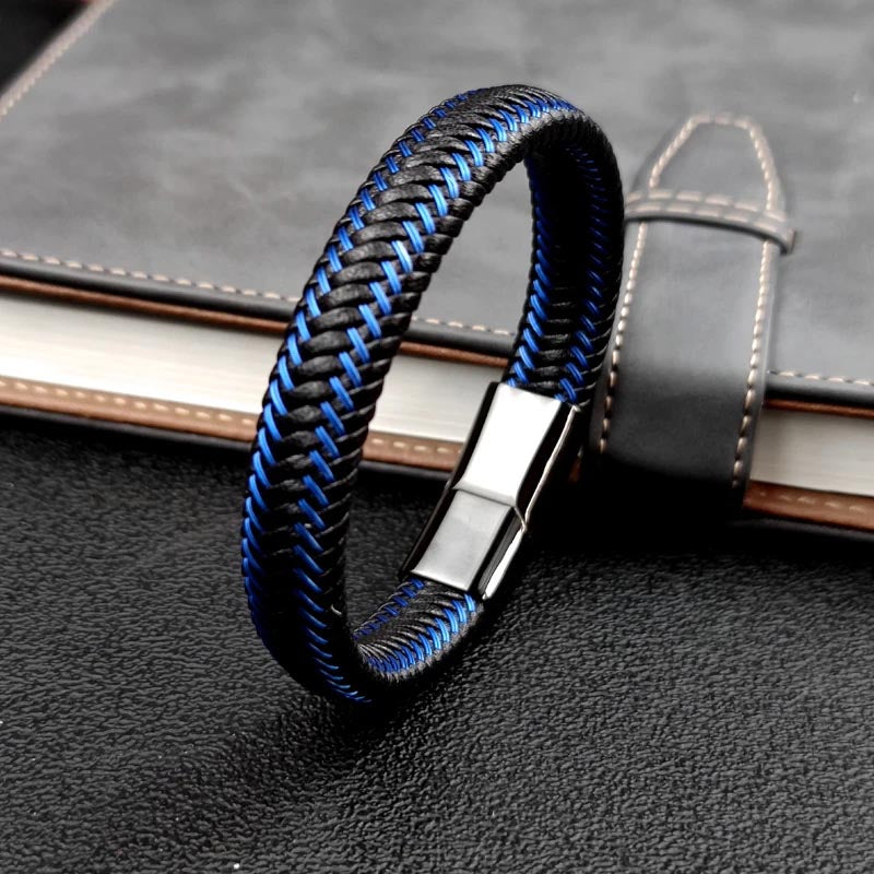 A blue and black braided bracelet featuring a durable stainless steel clasp, showcasing a stylish and modern design.