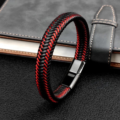 MingAo Men’s Red Wire Braided Leather Bracelet with Blue Magnet Lock – Stylish Gift for Friends