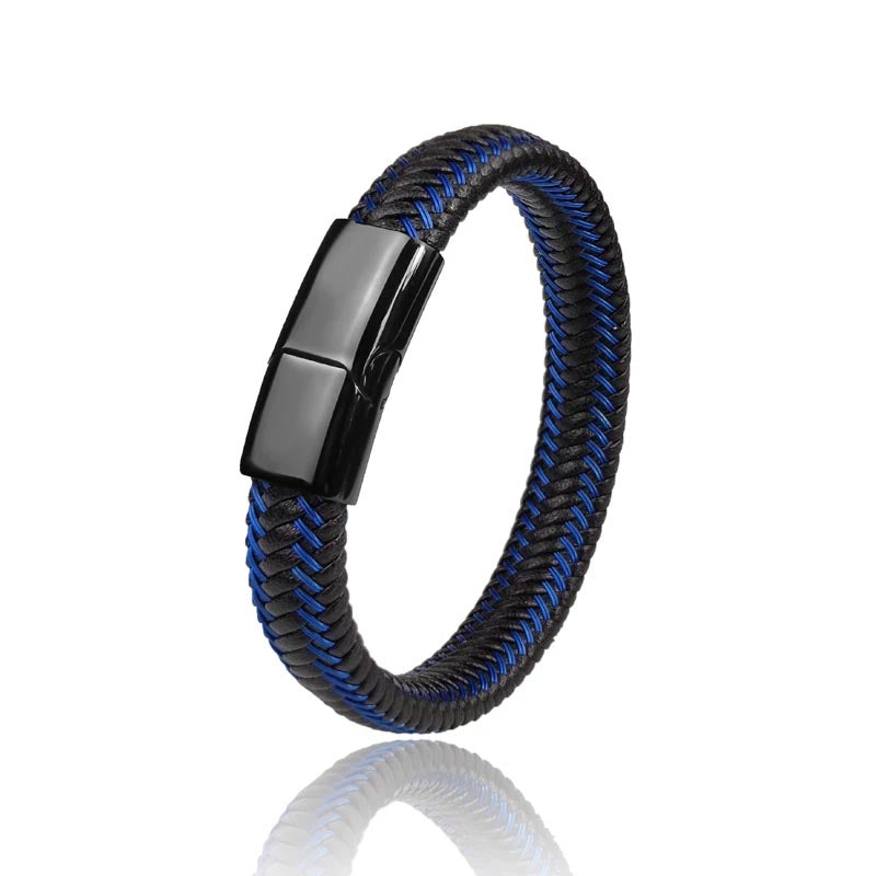 A black and blue braided bracelet featuring a sleek black clasp, showcasing a stylish and modern design.
