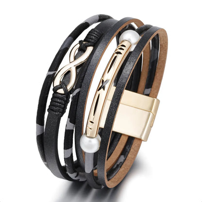 A chic multi-layer leopard PU leather bracelet with an infinity symbol, representing timeless style and sophistication.