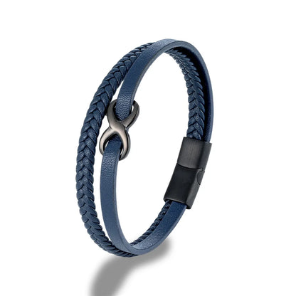 A blue leather bracelet with a black clasp, prominently displaying an Infinity Knot embellishment on the top