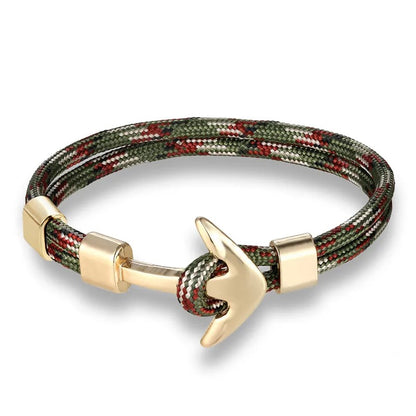 A stylish green and red anchor bracelet featuring a gold-plated clasp, perfect for adding a pop of color to any outfit.