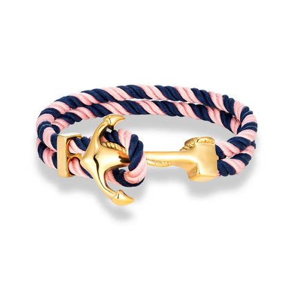 An anchor bracelet crafted from intertwined pink and blue rope, showcasing a vibrant and nautical design.