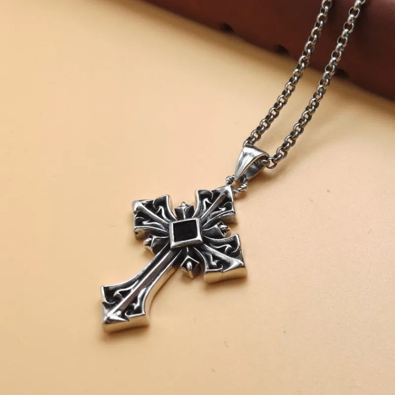 BOCAI S925 Sterling Silver Pendants for Men Women New Men's Fashion Simple Black Zircon Cross Argentum Amulet Punk Jewelry