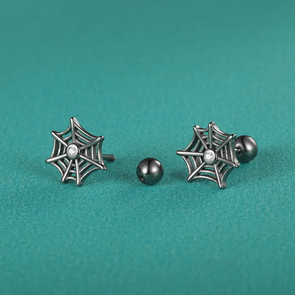 TrustDavis Real 925 Sterling Silver Kids Black Halloween Spider Web Screw Stud Earrings For Daughter Girls Fine Jewelry DF2042