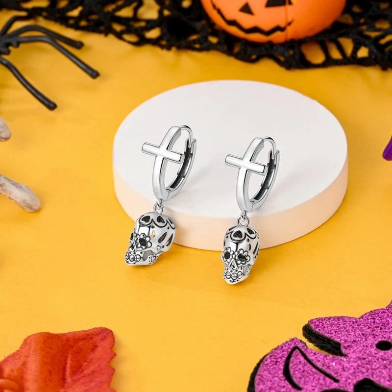 Halloween Special Edition 925 Sterling Silver Cross Skull Earrings Commemorative Edition Holiday Themed Accessories